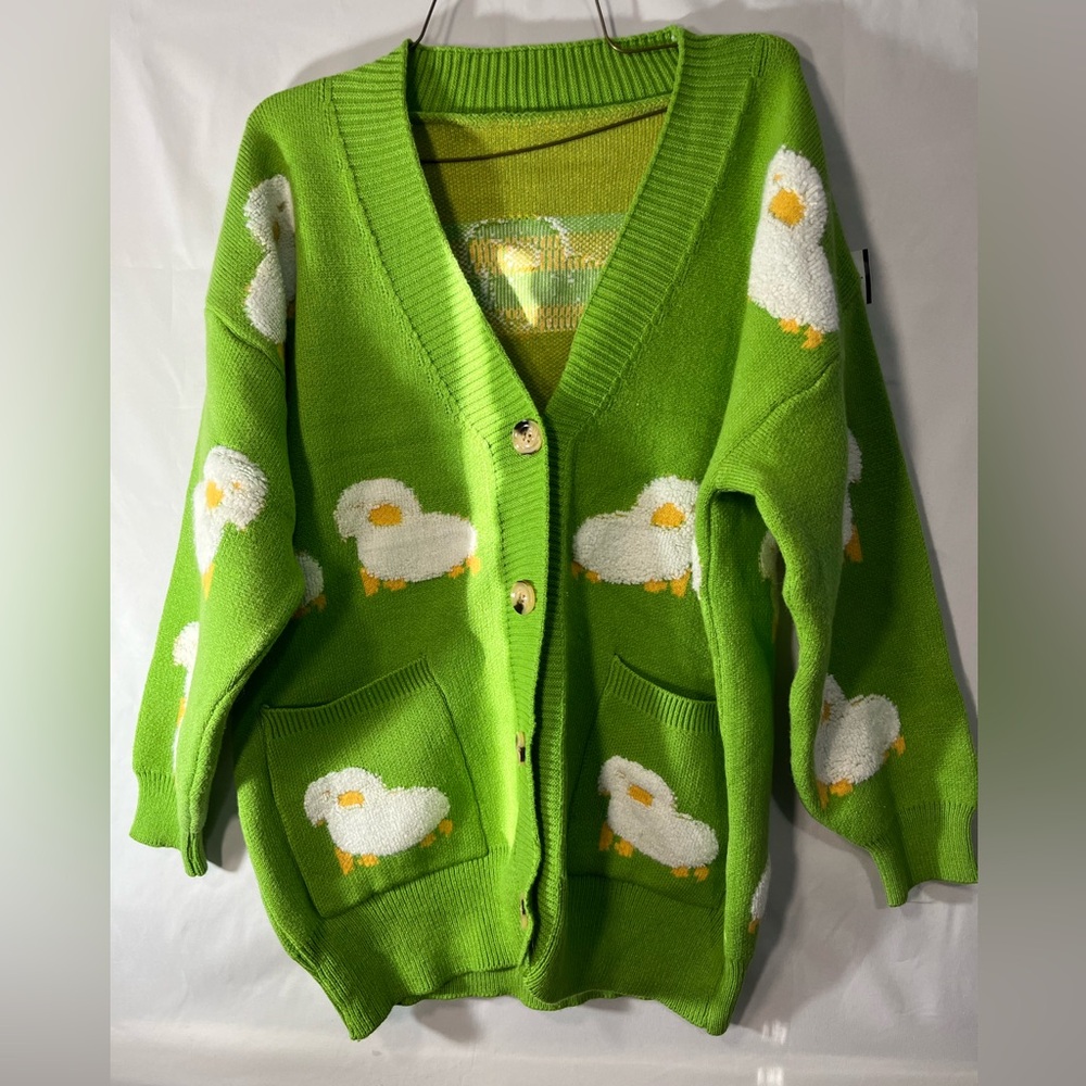 Green sheep Pattern Sweater cardigan cottagecore story book‎ white sheep large